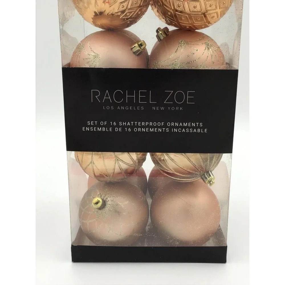 NIB Rachel Zoe 16ct Shatterproof Christmas Ornaments Rose Gold Pink Glitter New